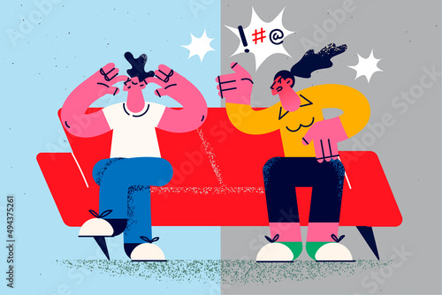 Husband close ears ignore furious wife talking 