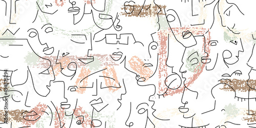 One line drawing. Abstract face seamless pattern.