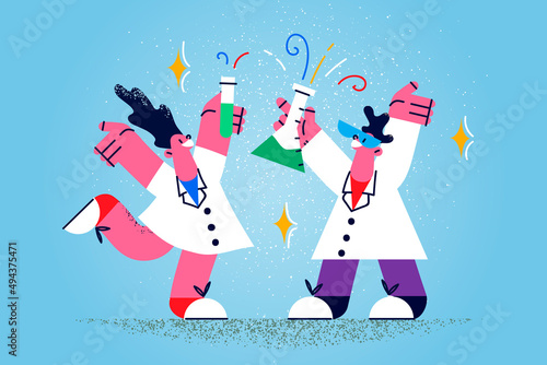Overjoyed doctors with test tubes celebrate vaccine discovery 