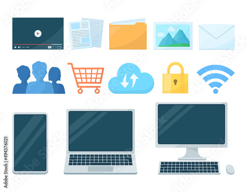 スマートフォン、ノートパソコン、デスクトップなどモバイル関連のイラスト。ビジネス関係のコンセプト。白背景にベクター素材。