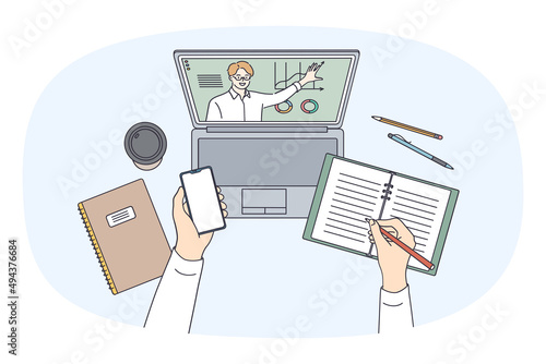 Top view closeup of student sit at desk have online lesson on computer make notes. Teenager use gadgets study on internet watch lecture or webinar on laptop. Remote education. Vector illustration. 