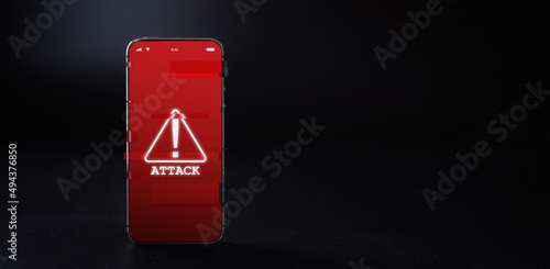 Hacker security cyber attack smartphone. Digital mobile phone isolated on black. Internet web hack technology. Login and password, cybersecurity banner concept. photo