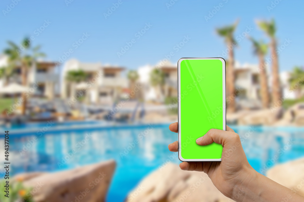 female hand holding modern mobile phone with blank green desktop screen ...