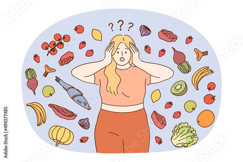 Fat woman feel confused with healthy products choice follow diet losing weight. Overweight girl stressed frustrated with vegetable organic food and meal. Weightloss. Vector illustration. 