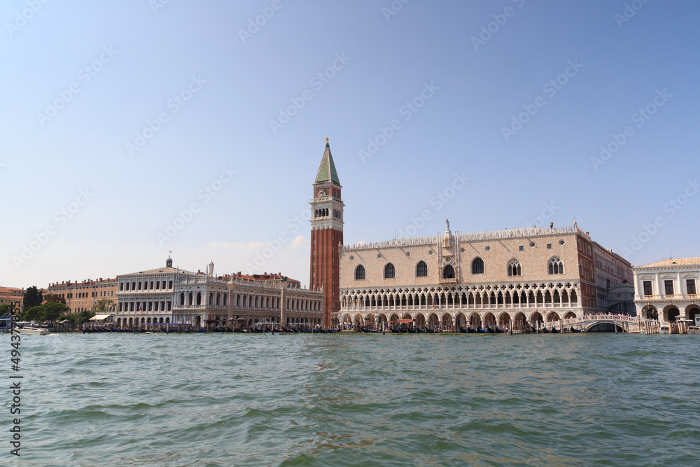 Panorama view of Venice with Doge's Palace, St Mark's Campanile seen from Giudecca Canal in Veneto, Italy
