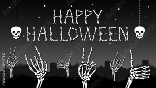 Happy halloween banner with skeleton hands with  peace, rock and like gestures. Vector animation