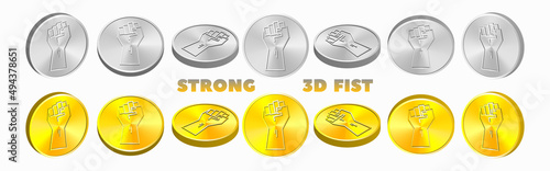 Vector 3D set of silver and gold coins or tokens with a strong male fist on a white isolated background