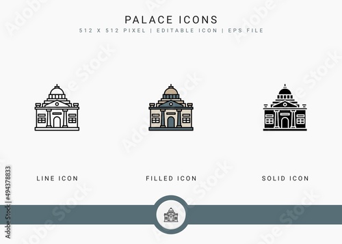 Palace icons set vector illustration with solid icon line style. City building concept. Editable stroke icon on isolated background for web design, user interface, and mobile app