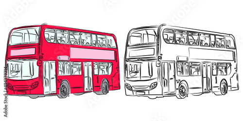 London double-decker modern bus in red and pencil drawing with front view. Red bus.