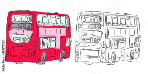 London double-decker modern bus in red and pencil drawing with rear view. Red bus.