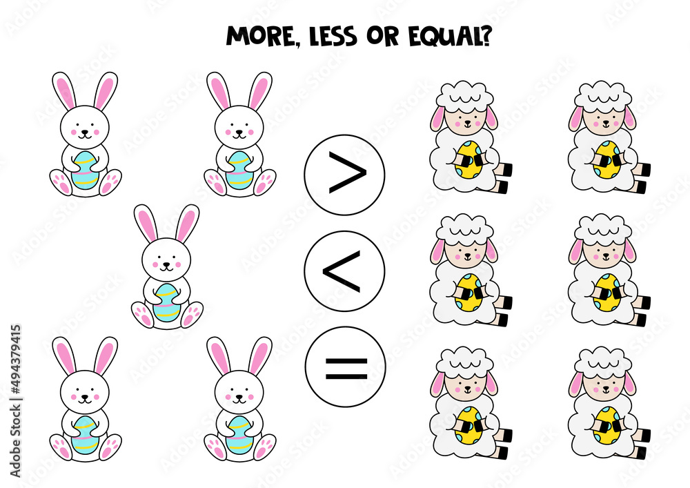 More, less, equal with cartoon Easter lambs and rabbits.