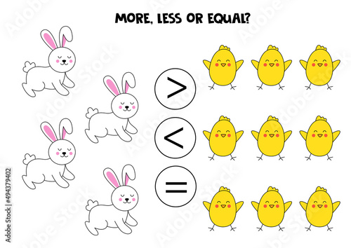 More, less, equal with cartoon Easter chickens and rabbits.