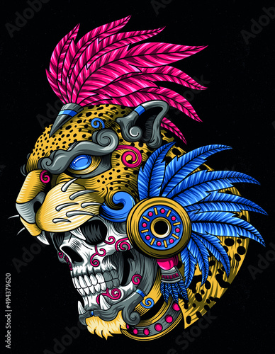 Fototapet skull jaguar warrior aztec