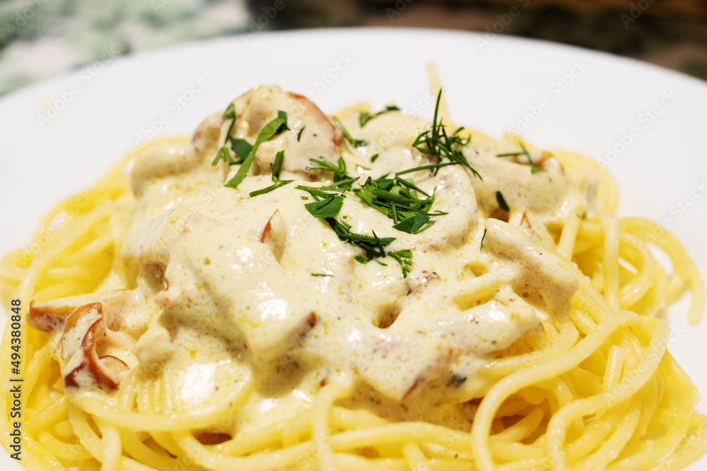 Pasta carbonara with cheese on a white plate Pasta carbonara with cheese on a white plate