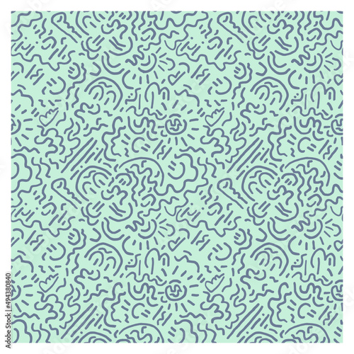 Pattern drawn by a line of doodles forming abstract objects and character.