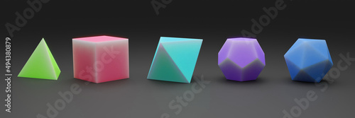 Fényképezés line of colourful Platonic solids on a grey surface (polyhedra - tetrahedron, cu