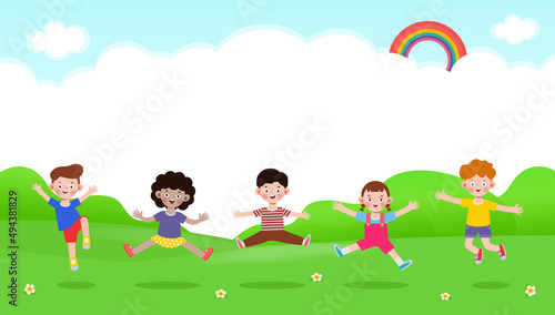 Happy children jumping and dancing together on the park, kids activities, children playing in playground, Template for advertising brochure,your text, flat Funny cartoon isolated vector Illustration