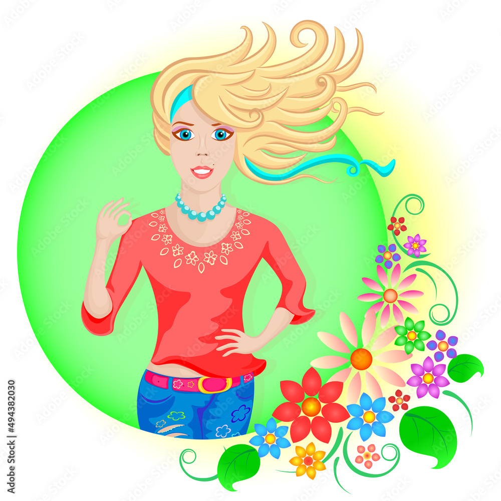 A beautiful girl enjoying her life and life giving her flowers, vector illustration, advertising banner, for trade products