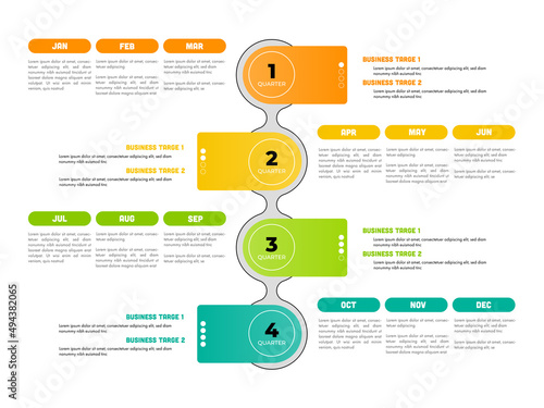 Infographic business year plan tenmplate and breakdown details 4 quarter.