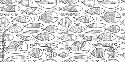 Funny fishes collection, ethnic ornament. Childish style. Seamless pattern for your design