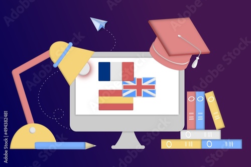 Modern 3D online languages learning class, language courses banner template for website and mobile app development. Literal translation, personal assistant, e-learning concept. Vector illustration.