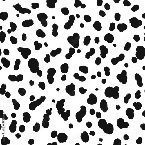 Dalmatian coloration seamless pattern. Black abstract organic blobs on white background. Black dalmatian spots on a white backdrop. Animal print. Vector hand drawn illustration.