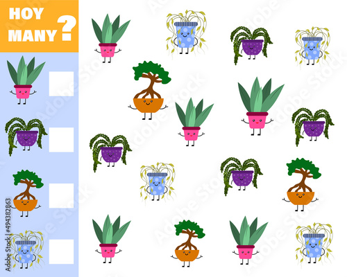 Math game for kids count how many items. Count how many cute cartoon flowers are in pots. Vector isolated on a white background