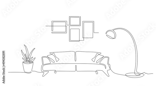 Continuous line interior with sofa, plant, lamp and frames for photo. One line drawing of Living room with modern furniture editable stroke. Single line. Handdraw contour. Flower in pot. Doodle vector
