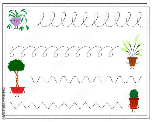 A handwriting learning game for kids, point to point. Cute cartoon kawaii flower pots. vector isolated on a white background.