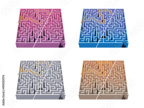 4 colors labyrinth / maze 10 with solution game for kids (ID: 494383076)