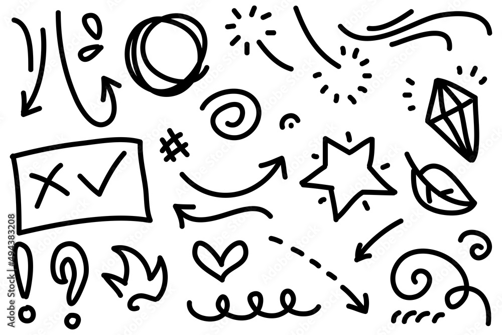 Abstract arrows, ribbons, crowns, hearts, explosions and other elements in hand drawn style for concept design. Doodle illustration. Vector template for decoration