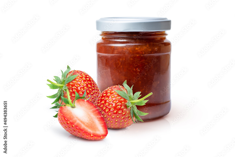 Red strawberry berry jam in glass bottle and fresh strawberries fruit isolated on white background. Red strawberry berry jam in glass bottle and fresh strawberries fruit isolated on white background.