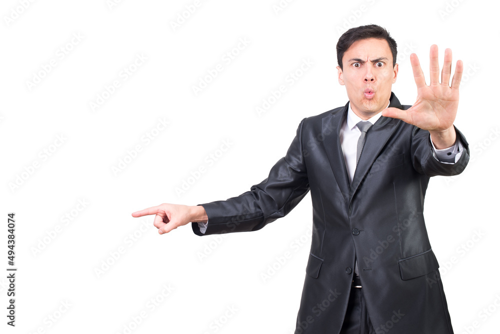 Astonished man pointing aside at surprising object Astonished man pointing aside at surprising object