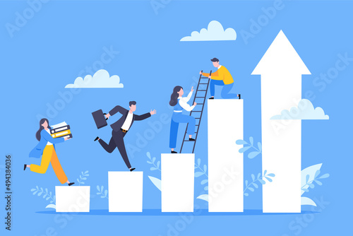 Business mentor helps to improve career and holding stairs steps vector illustration. Mentorship, upskills, climb help and self development strategy flat style design business concept. photo