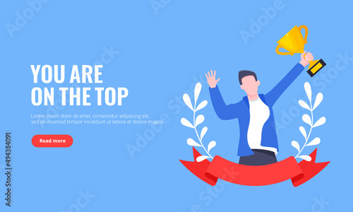 Best worker employee winner with trophy cup inside award ribbon and floral wreath flat style design vector illustration. Employee of the month, talent award, best worker competition prize.