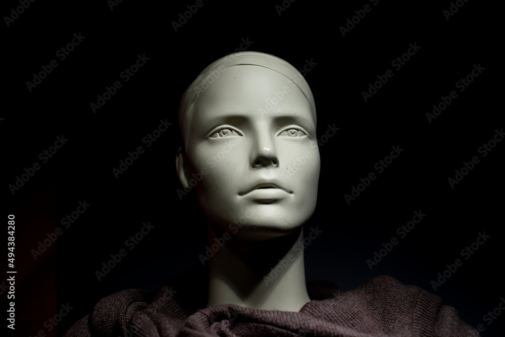 Mannequin is woman. Head is white. Figure of man. Mannequin is woman. Head is white. Figure of man.