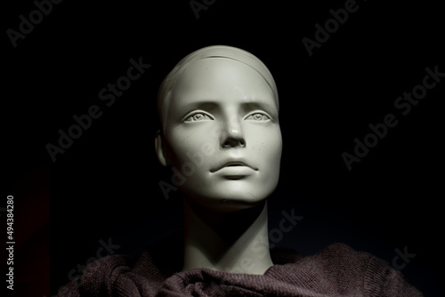 Mannequin is woman. Head is white. Figure of man.