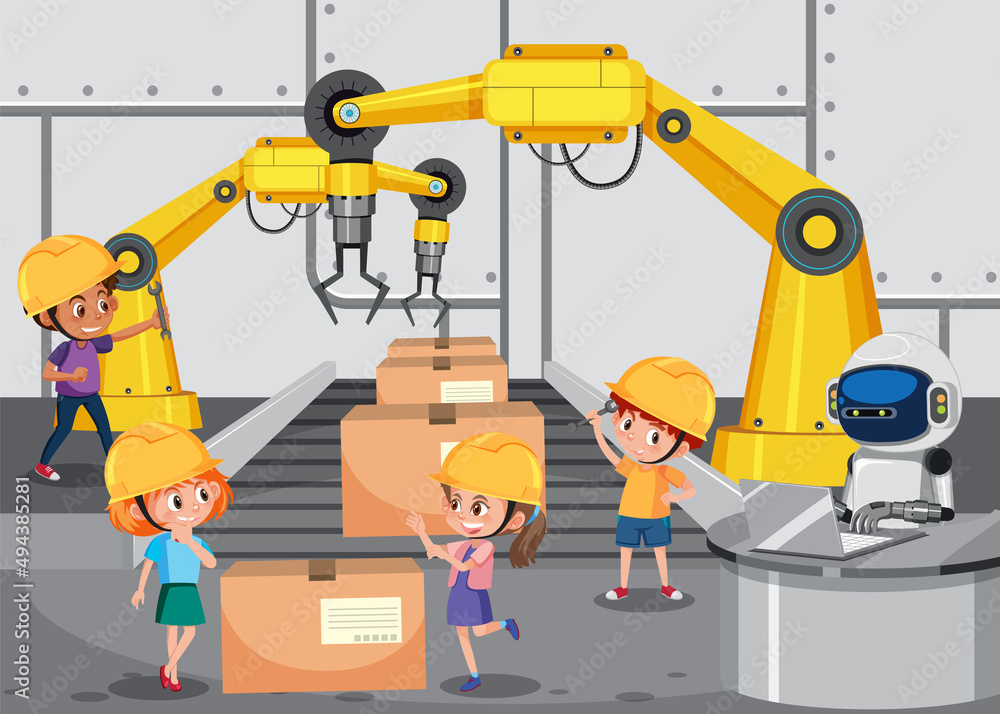 Production process concept with assembly line automation Production process concept with assembly line automation