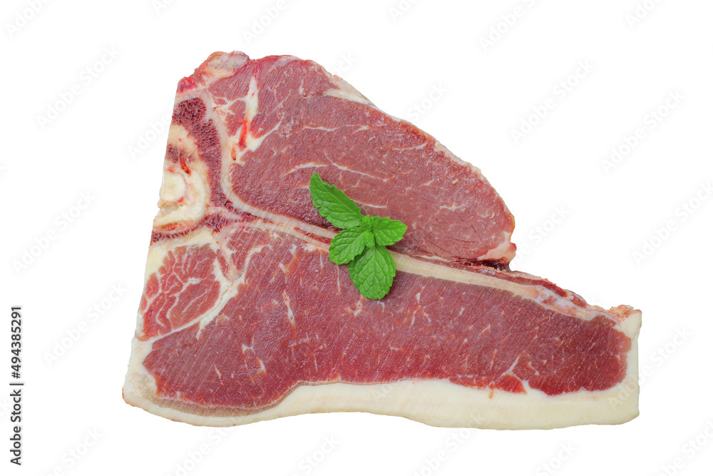 Raw T-Bone with mint isolated on white background, Red meat with bone.