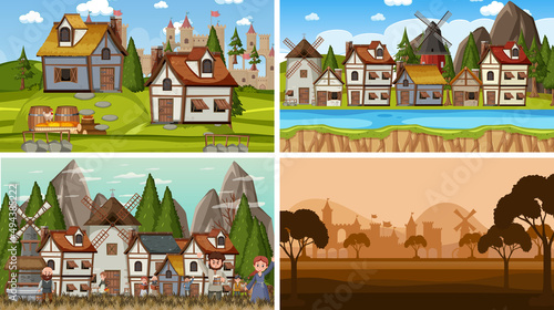 Set of different scene medieval with silhouette