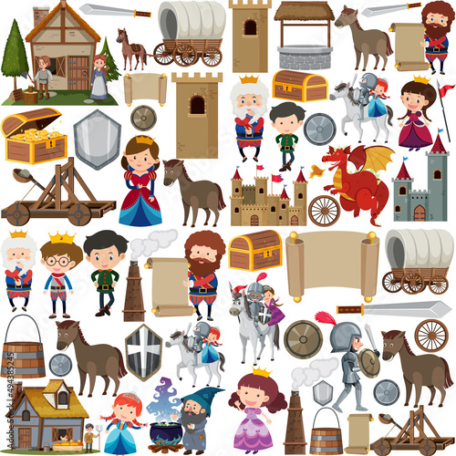 Medieval characters buildings set