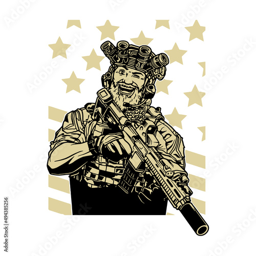 American soldier with gun smiles against the background of the flag, vector, cartoon, logo