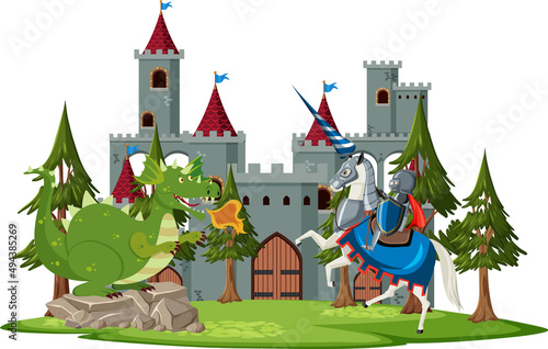 Scene with knight and dragon in fairytale land