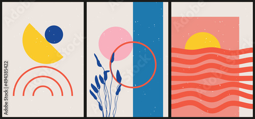 A set of three colorful aesthetic geometric backgrounds. Minimalist social media posters, cover designs, web, home decor. Vintage illustrations with shapes, lines, rectangles.
