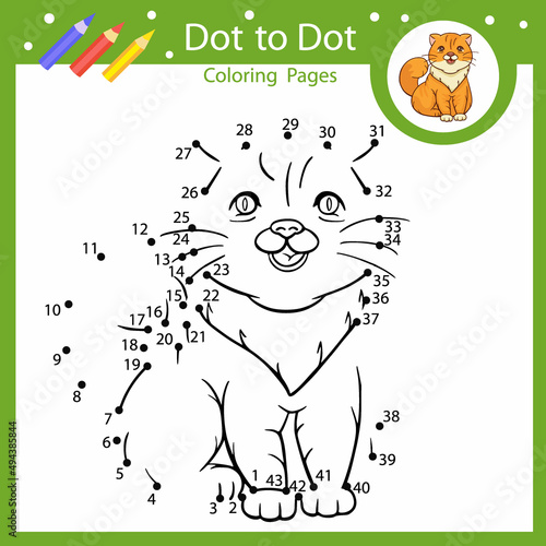 Dot to dot children game. Activity page coloring book with cute cat. Connect drawing by numbers. Kids education worksheet. Vector illustration.