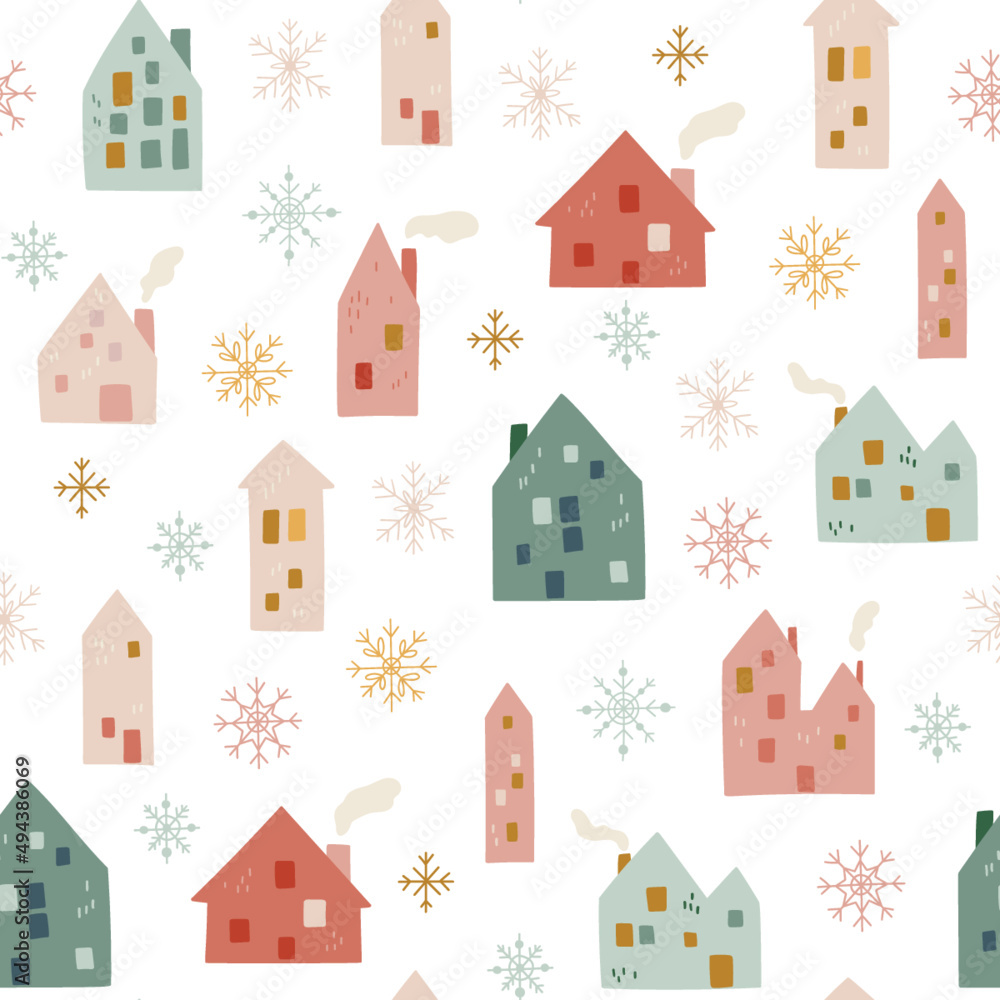 Vector christmas pattern, seamless winter background with houses