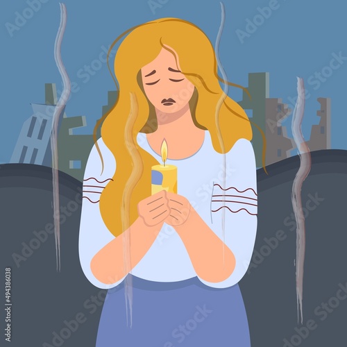 Ukrainian girl with a candle in her hands. A sad woman mourns against the backdrop of a destroyed city. Concept of grief, pain, loss, for banner or landing page design. Flat vector design. No war
