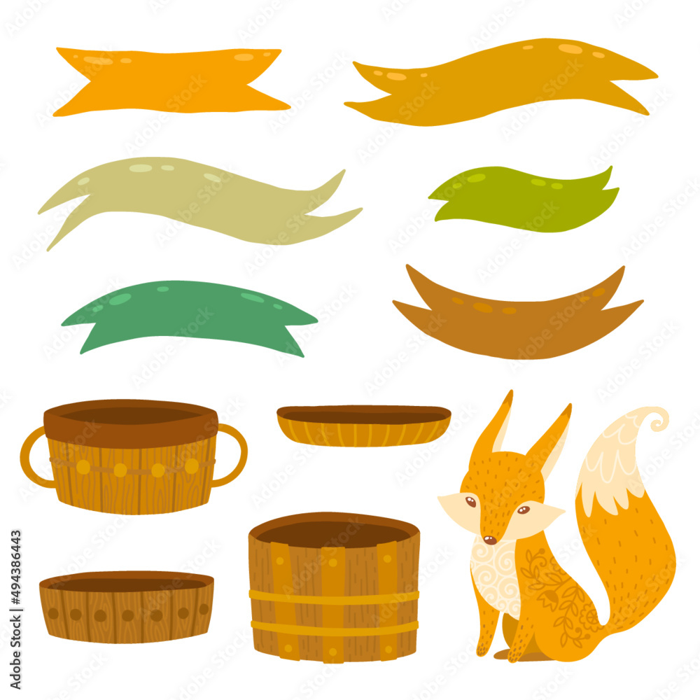 Vector decorative elements, pots and fox, diggerent ribbons