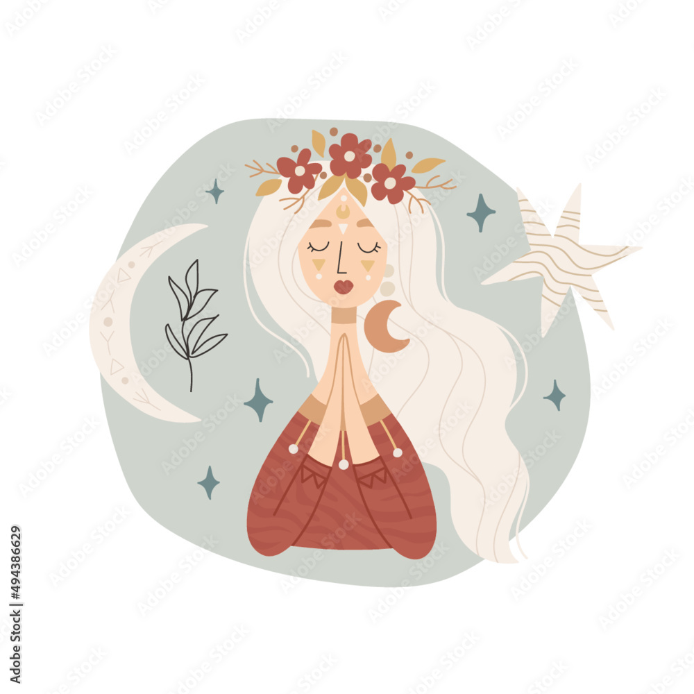 Mystical woman with abstract decorative elements, vector illustration