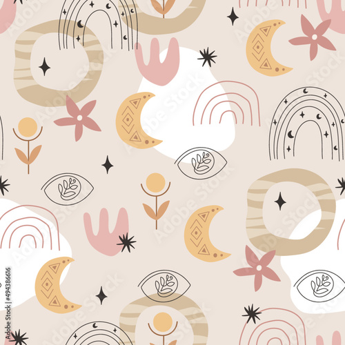 Abstract magical seamless pattern with moon and stars